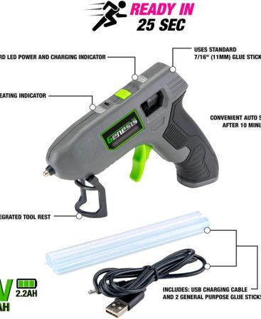 Genesis GLGG04V2 Cordless Rechargeable Hot Glue Gun, Fast Preheating with USB Charge Cable, Stand, and Glue Sticks